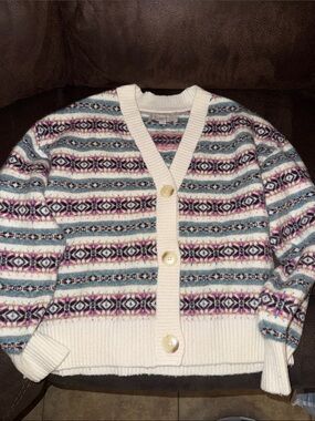 LOFT Cream Cardigan with Blue, Pink & Purple Fair Isle Pattern